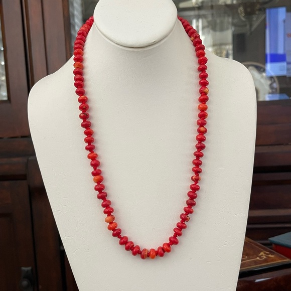 Red coral bead solid sterling silver long necklace - Picture 3 of 9